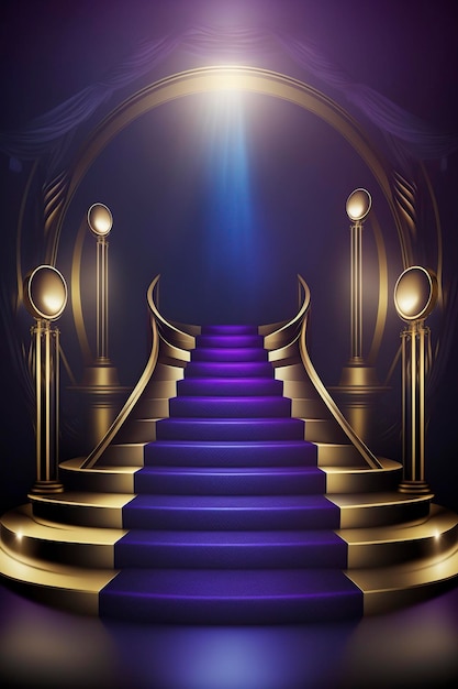 Photo illustration purple and gold award podium with stairs ai generative