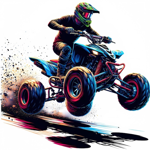 Photo illustration of a quad atv extreme sport racing in a dynamic high speed racing pose