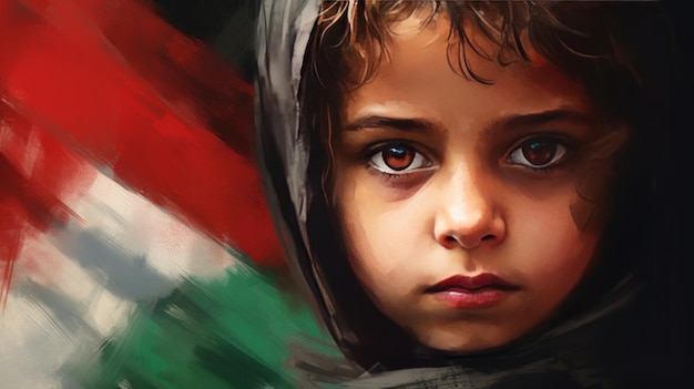 illustration of a ragged child background a Palestinian flag portrait