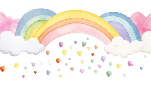 Photo an illustration of a rainbow and clouds with little yellow balls in the style of soft watercolours