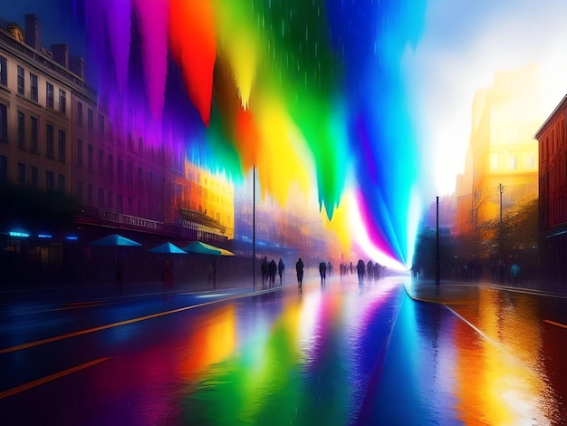 Photo illustration of rainbow color drops cascading onto a street in a city with pedestrians concept