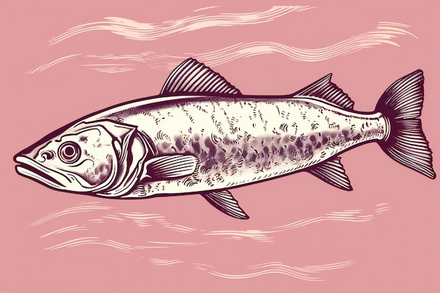 Illustration of a rainbow trout on a pink background with waves