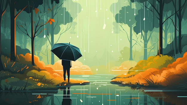 Illustration of rainy season and person holding an umbrella