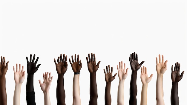 Photo illustration of raised hands and arms of multiethnic internationa generative ai