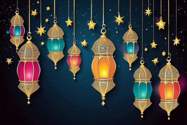 Photo illustration ramadan kareem background with lamps fanoos crescents and stars vector