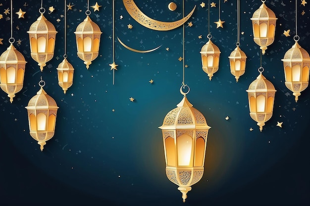 Illustration Ramadan Kareem Background with Lamps Fanoos Crescents and Stars Vector