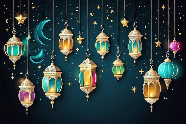 Photo illustration ramadan kareem background with lamps fanoos crescents and stars vector