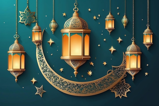 Photo illustration ramadan kareem background with lamps fanoos crescents and stars vector