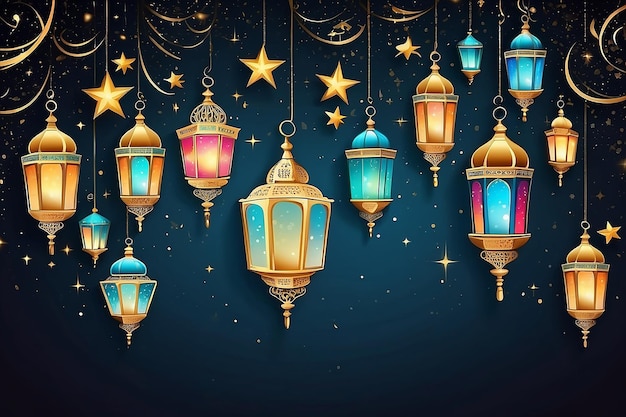 Photo illustration ramadan kareem background with lamps fanoos crescents and stars vector