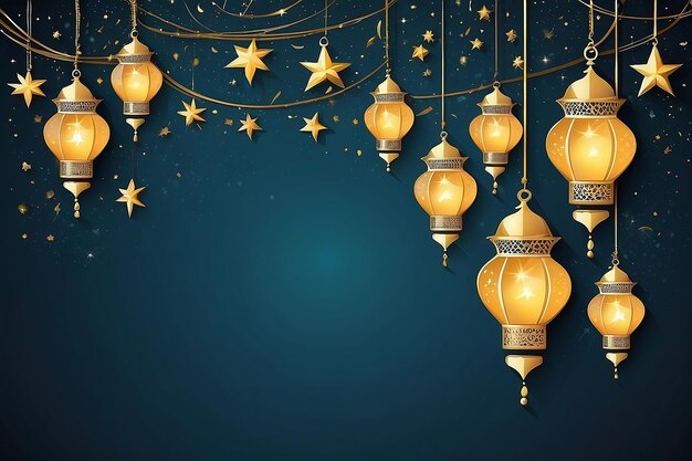 Photo illustration ramadan kareem background with lamps fanoos crescents and stars vector