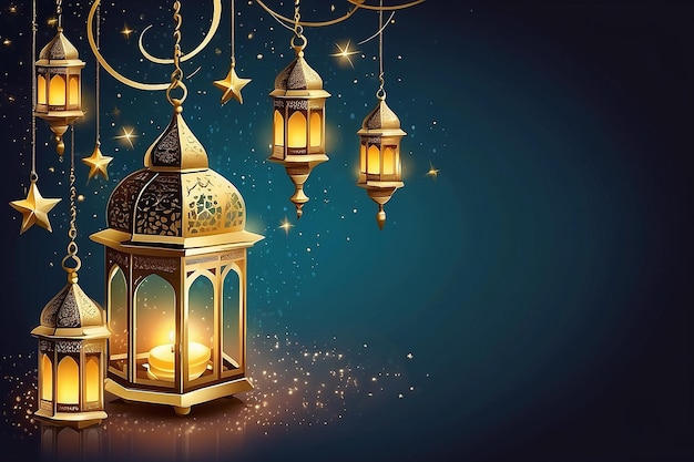 Photo illustration ramadan kareem background with lamps fanoos crescents and stars vector