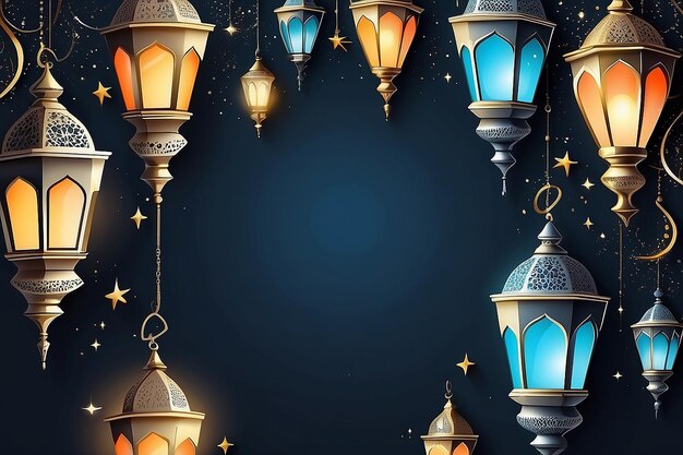 Illustration Ramadan Kareem Background with Lamps Fanoos Crescents and Stars Vector