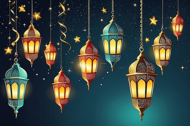 Illustration Ramadan Kareem Background with Lamps Fanoos Crescents and Stars Vector