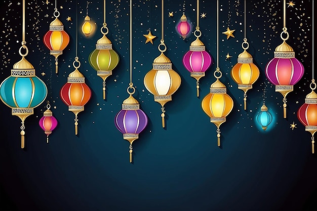 Illustration Ramadan Kareem Background with Lamps Fanoos Crescents and Stars Vector