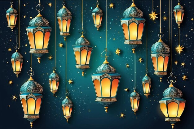 Photo illustration ramadan kareem background with lamps fanoos crescents and stars vector