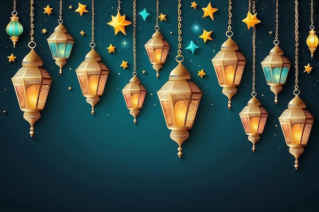 Illustration Ramadan Kareem Background with Lamps Fanoos Crescents and Stars Vector