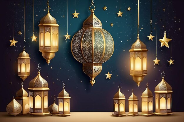 Illustration Ramadan Kareem Background with Lamps Fanoos Crescents and Stars Vector