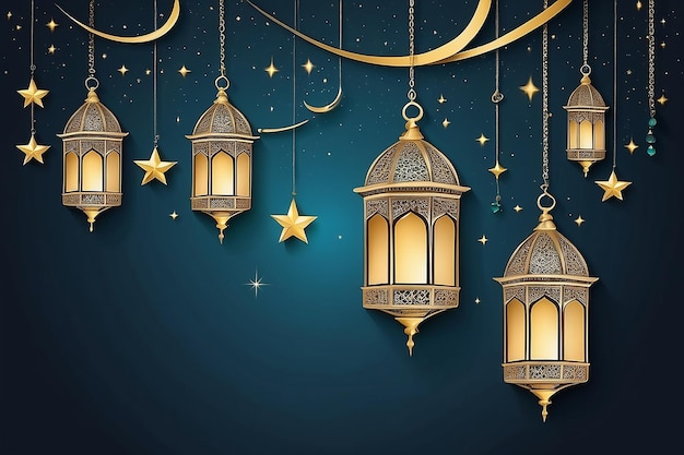 Illustration Ramadan Kareem Background with Lamps Fanoos Crescents and Stars Vector