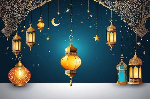 Photo illustration ramadan kareem background with lamps fanoos crescents and stars vector