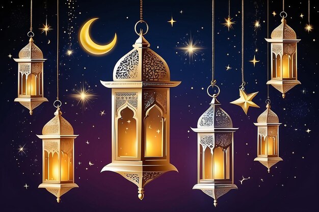 Photo illustration ramadan kareem background with lamps fanoos crescents and stars vector