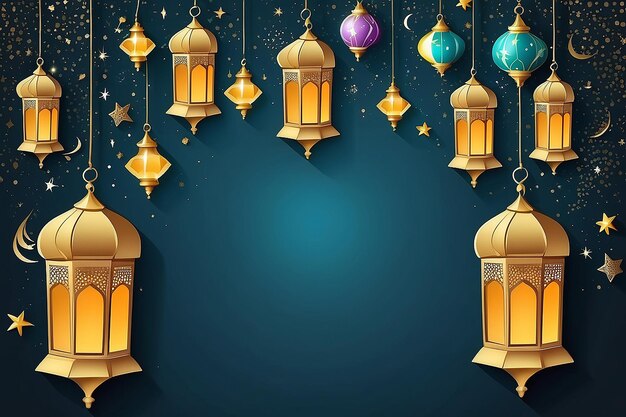 Photo illustration ramadan kareem background with lamps fanoos crescents and stars vector