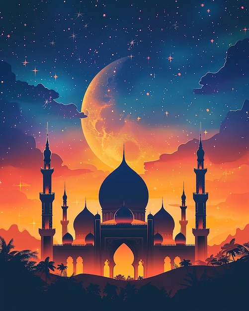 Illustration of Ramadan Kareem background with mosque and full moon