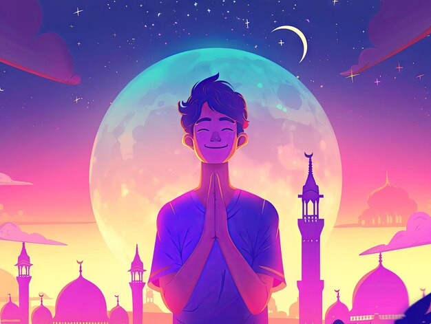 Illustration Ramadan a Muslim man is praying in front of the mosque