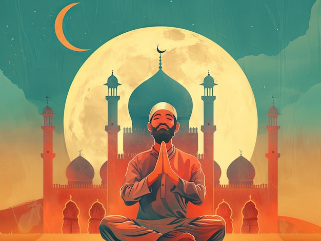 Illustration Ramadan a Muslim man is praying in front of the mosque