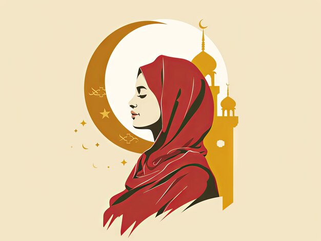 라마단 일러스트레이션 무슬림 여성이 모스크 앞에서 기도하고 있습니다.