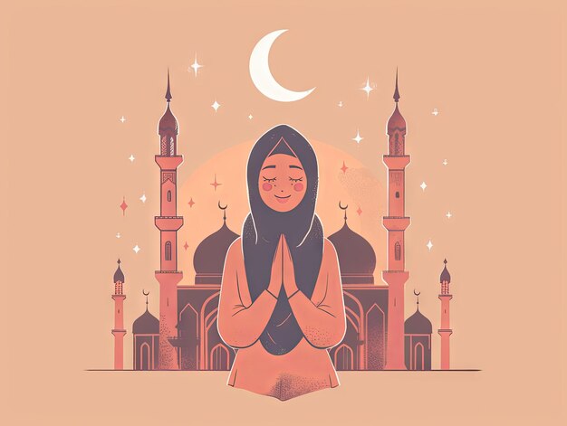 Photo illustration ramadan a muslim woman is praying in front of the mosque