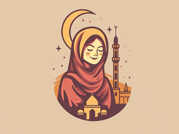 Illustration Ramadan a Muslim woman is praying in front of the mosque