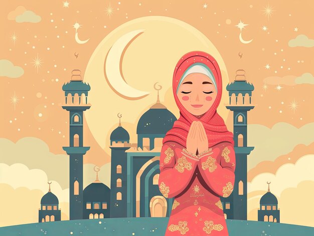 Photo illustration ramadan a muslim woman is praying in front of the mosque