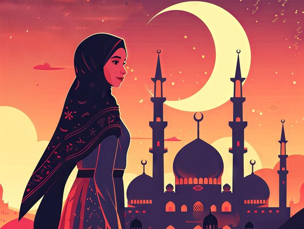 Illustration Ramadan a Muslim woman is standing in front of the mosque