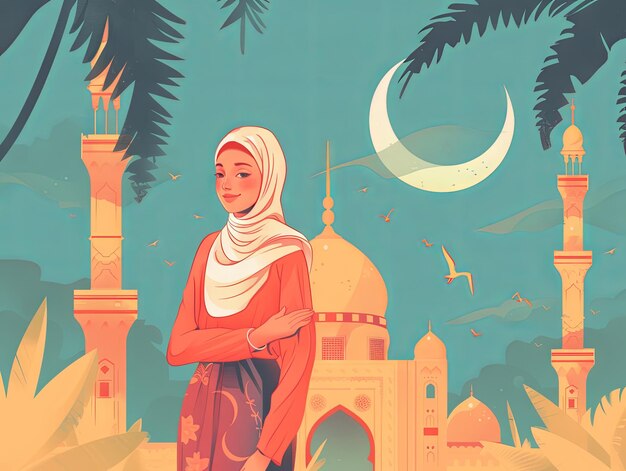 Illustration Ramadan a Muslim woman is standing in front of the mosque