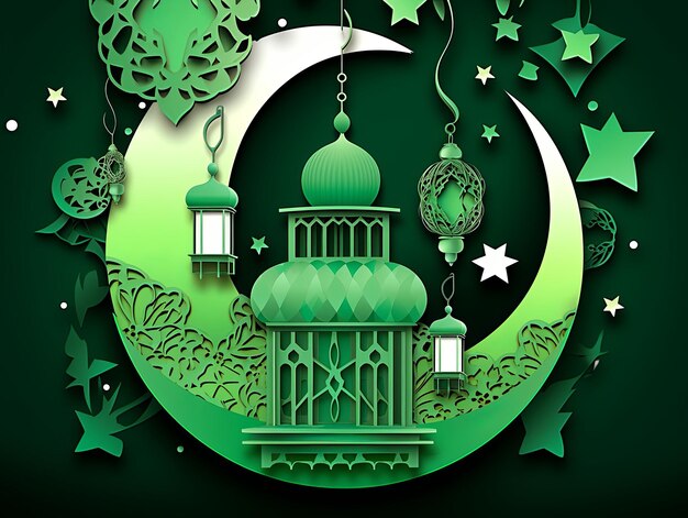 Photo illustration ramadan paper cut background in green