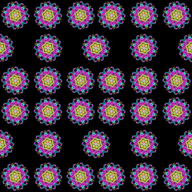 Illustration raster seamless pattern of mandalas in shiny glowing lilac color on dark black