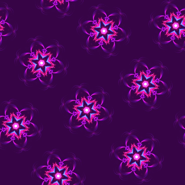 Illustration raster seamless pattern of mandalas in shiny glowing lilac color on dark lilac