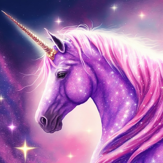 魔法の輝きを放つ魅惑的なピンクのユニコーンのイラスト
