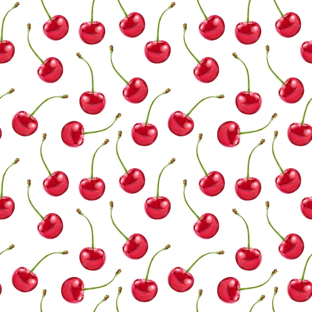 Photo illustration realism seamless pattern berry red cherry on a white isolated background high quality