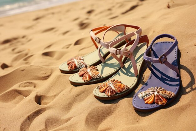 Photo illustration of realistic photo of summer sandals on the beach sand