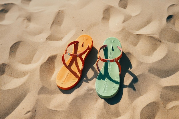 illustration of realistic photo of summer sandals on the beach sand