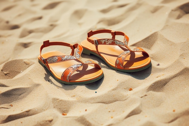 illustration of realistic photo of summer sandals on the beach sand