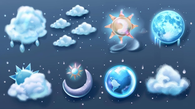 Photo an illustration of realistic weather icons with realistic elements of sun moon fog clouds with snow and rain isolated on a transparent background