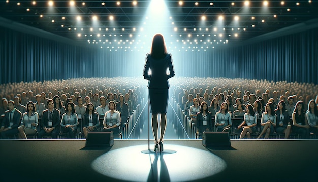 иллюстрация задний вид женщины-спикера конференции, стоящей на сцене