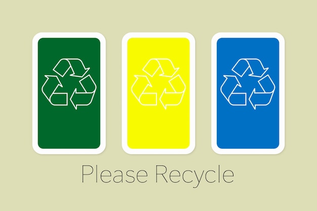 Illustration of the recycling symbol on yellow, green and blue colors with the text Please recycle