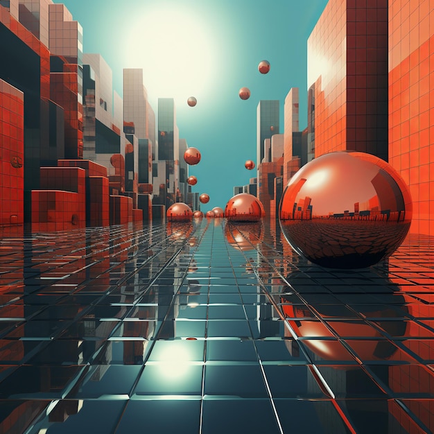 illustration of In a red abstract world there is a green sphere movi