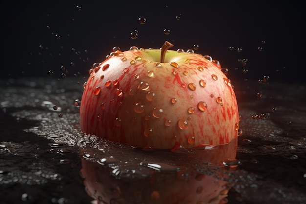 Иллюстрация красного яблока с каплями пресной воды на коже