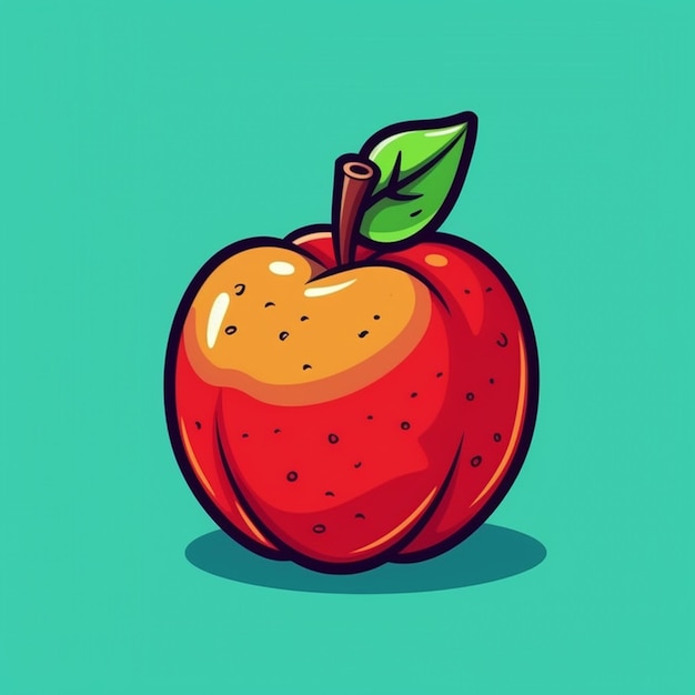 Illustration of a red apple with a leaf on a green background generative ai