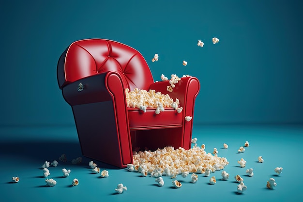 Illustration of red armchair and scattered popcorn blue background cinema concept Generative AI