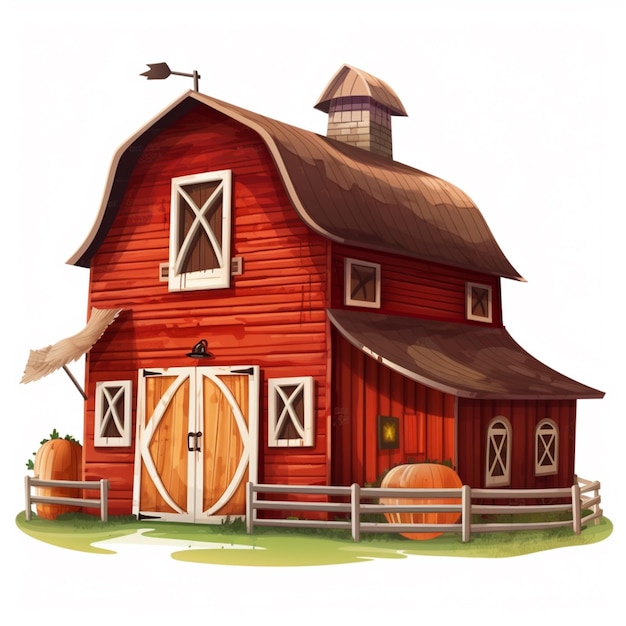 Illustration of a red barn with a wooden fence and a weather vane generative ai